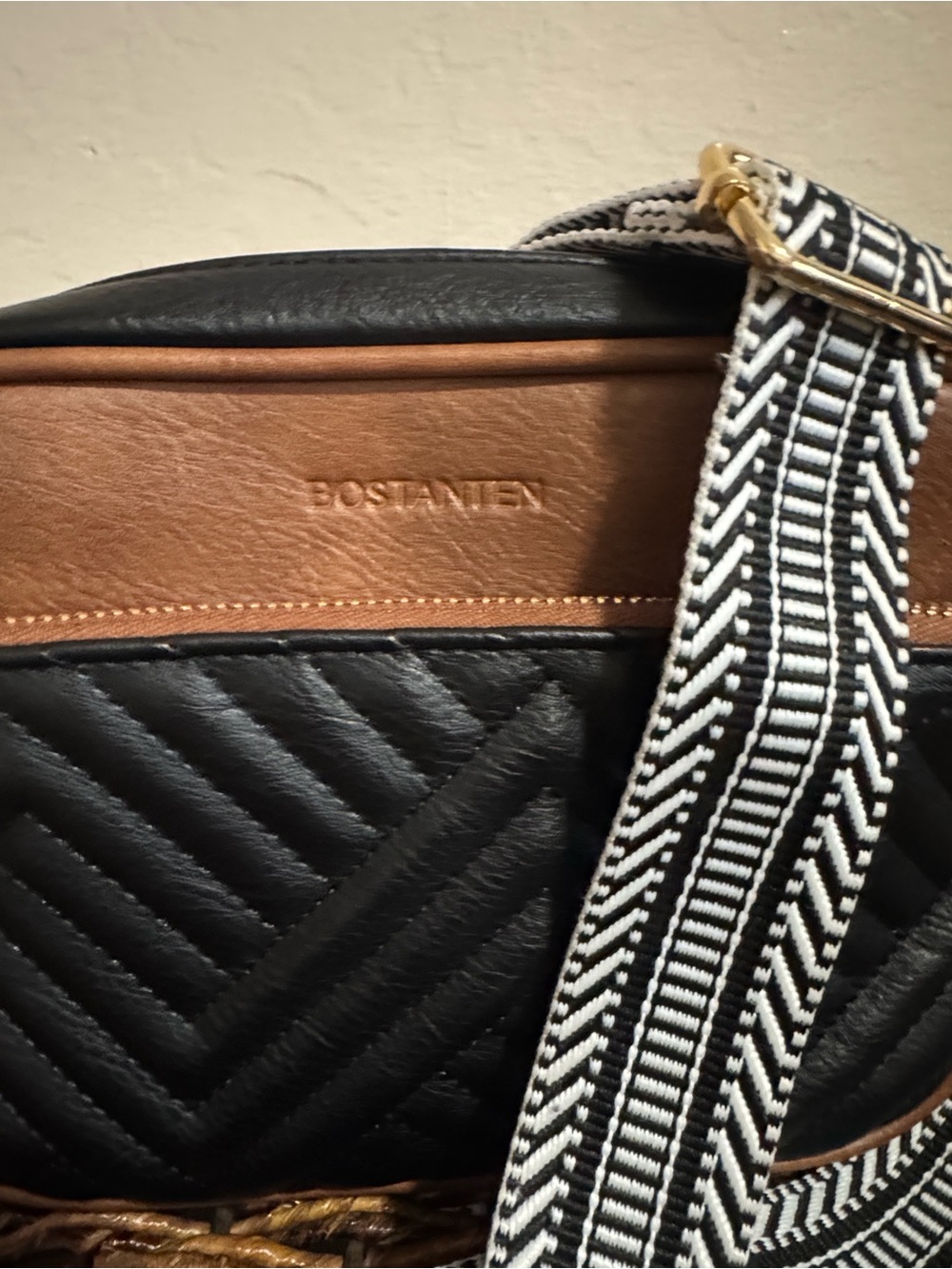 Bostanten Black and Brown Quilted Crossbody with Patterned Strap - Picture 3 of 12